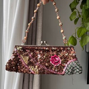 Vintage ALDO Beaded Sequin Evening Bag with Rose Detail